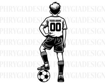 May include: Black and white illustration of a soccer player standing on a soccer ball. The player wears a jersey with "YOUR NAME" and the number "00". The player is wearing shorts, socks, and cleats. The player has one hand on their hip.