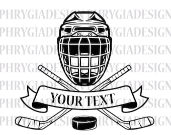 May include: Black and white illustration of a hockey helmet, two crossed hockey sticks, a hockey puck, and a banner with the text "YOUR TEXT".