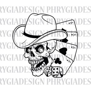 Tête de mort joueur Svg, crâne de cow-boy Svg, cartes à jouer Svg, poker Svg, Aces Svg, cartes Svg poker, dés, Svg joueur, 4 As Svg
