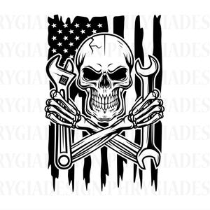 US Mechanic Skull Svg Png , Tools Svg , Patriotic Skull Svg , Skull Svg , Wrenches Svg , Repair Svg , Skull Png , Digital Download