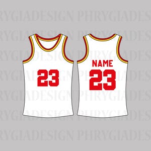 May include: White basketball jersey with red accents and the number 23. The front of the jersey displays the number 23 in red. The back of the jersey has the word "NAME" above the number 23.