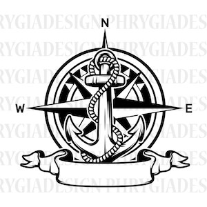 Puede incluir: Ilustración en blanco y negro de una brújula con un ancla en el centro. La brújula tiene las letras N, S, E y W. Un banner está debajo de la brújula con un espacio en blanco para texto.