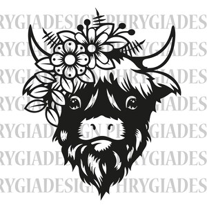 Highland Cow Svg , Cow With Flower Crown Svg , Cow Clipart , Cow Png , Cow with Flowers On Head , Digital Download , Instant Download