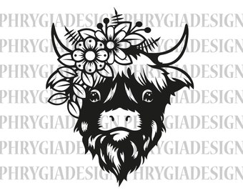 Highland Cow Svg , Cow With Flower Crown Svg , Cow Clipart , Cow Png , Cow with Flowers On Head , Digital Download , Instant Download