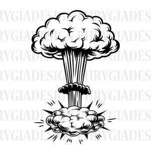 Puede incluir: Ilustración en blanco y negro de una explosión en forma de hongo. El diseño presenta una gran nube en la parte superior, una columna de humo y una nube más pequeña en la base, rodeada de líneas radiantes.