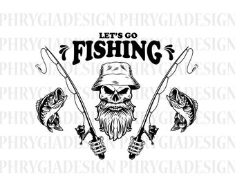 Könnte beinhalten: Schwarz-weiß-Illustration eines Schädels, der einen Fischerhut trägt und zwei Angelruten hält. Der Schädel hat einen Bart und einen Schnurrbart. Der Text "Let's Go Fishing" befindet sich über dem Schädel. Zwei Fische befinden sich an den Enden der Angelruten.
