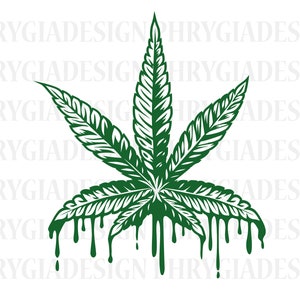 May include: A green marijuana leaf with dripping green paint. The leaf is stylized and has a detailed design.