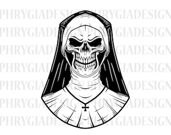 May include: Black and white illustration of a skull wearing a nun's habit and a cross necklace. The skull has a menacing expression with detailed teeth. The design is a gothic or horror-themed graphic.