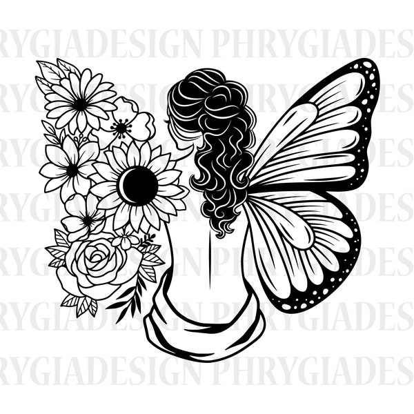 Floral Woman Svg Png , Butterfly Flower Svg , Girl Butterfly Fairy Svg , Woman With Flower Svg , Floral Butterfly Svg , Digital Download