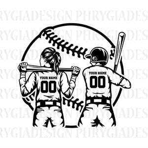 Puede incluir: Ilustración en blanco y negro de dos jugadores de béisbol de pie espalda con espalda con una pelota de béisbol detrás de ellos. Los jugadores llevan camisetas con el texto "YOUR NAME" y un número.