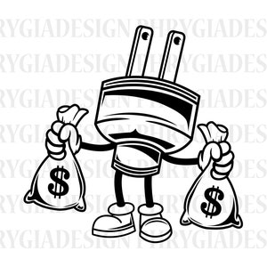 May include: A cartoon illustration of a black and white electric plug holding two money bags with dollar signs. The plug has a smiling face and is wearing shoes.