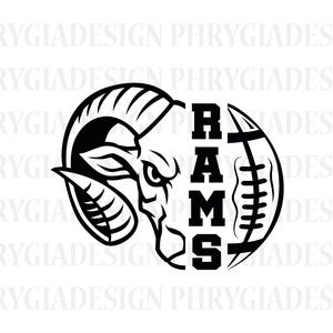 May include: Black and white graphic design featuring a ram's head and a football, with the word "RAMS" in bold letters. The design is suitable for sports-themed merchandise.