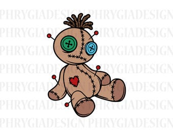 May include: A brown voodoo doll with a red heart, green and blue buttons for eyes, and red pins sticking out of it.