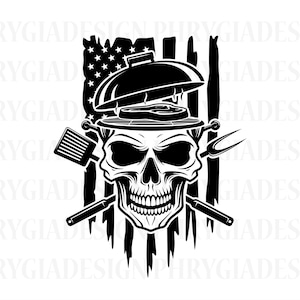 Puede incluir: Ilustración en blanco y negro de una calavera con una parrilla con un filete encima. La calavera está rodeada de herramientas para asar a la parrilla y una bandera estadounidense desgastada.