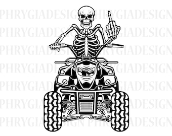 May include: Black and white illustration of a skeleton riding an ATV. The skeleton is giving the middle finger.