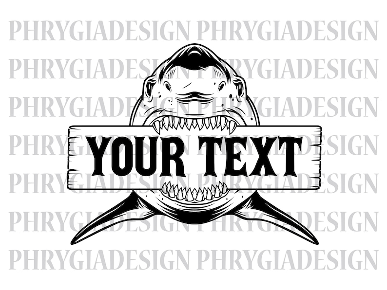 以下が含まれることがあります： 口を開けたサメの頭の白黒のイラスト。サメは「YOUR TEXT」と書かれた木製の看板を持っています。