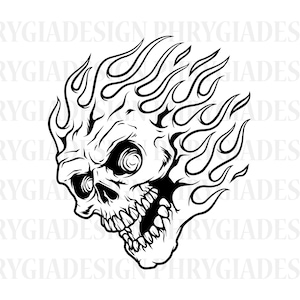 May include: Black and white illustration of a skull with flames behind it. The skull has a menacing expression with a wide open mouth and sharp teeth.