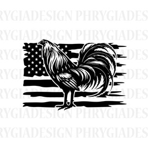 May include: Black and white silhouette of a rooster standing in front of an American flag. The rooster is facing to the right and has a large tail.