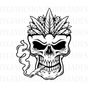May include: Black and white illustration of a skull wearing a crown of marijuana leaves and smoking a joint.