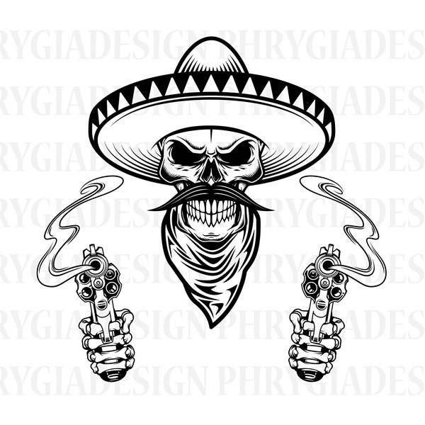 Sombrero Skull Svg , Skull With Guns Svg , Mexican Skull Svg , Mexican Skeleton Svg , Mexican Hat Svg , Skull Svg , Digital Download