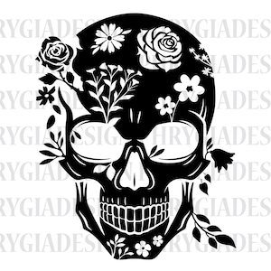 Floral Skull Svg , Skull With Flowers Silhouette , Floral Skeleton Svg , Skull Clipart , Skeleton Svg , Skull Svg , Magic Skull Svg
