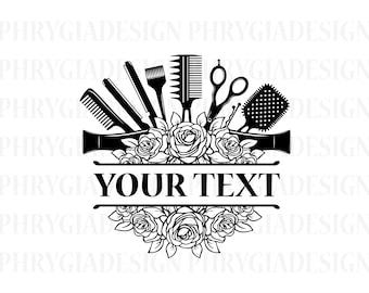 Puede incluir: Silueta en blanco y negro de herramientas de peluquería, incluyendo tijeras, peines, un secador de pelo y una plancha de rizar, dispuestas alrededor de un diseño floral. El texto "YOUR TEXT" se muestra en una pancarta debajo de las herramientas.