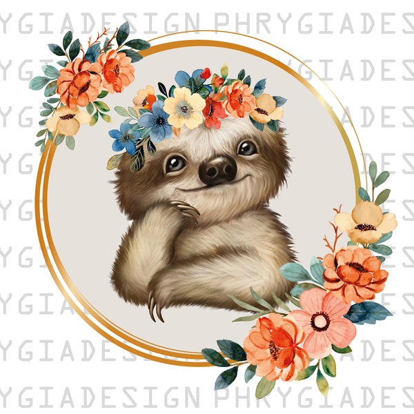 Sloth Watercolor , Cute Sloth , Floral Animal Sloth Png , Watercolor Animal , Digital Download