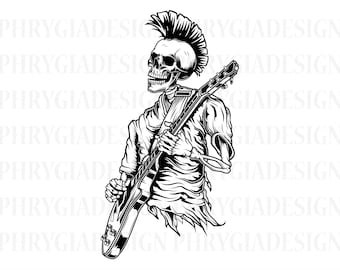 May include: Black and white illustration of a skeleton with a mohawk playing an electric guitar. The skeleton is wearing a tattered shirt. The image has a punk rock theme.