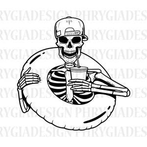 Puede incluir: Una ilustración en blanco y negro de un esqueleto con una gorra de béisbol y sosteniendo una bebida mientras está sentado en un flotador de piscina.