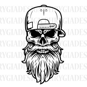 Puede incluir: Ilustración en blanco y negro de una calavera con una gorra de béisbol y una barba larga. La calavera tiene una expresión seria y mira hacia adelante.