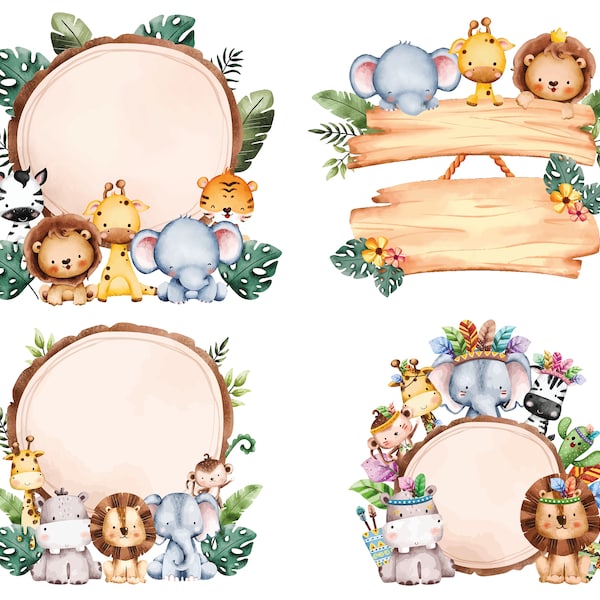 Safari Animals Watercolor Wreath , Jungle Frame Png , Nursery Decor , Baby Shower , Digital Download , Instant Download