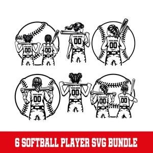 Puede incluir: Paquete SVG en blanco y negro con seis diseños de jugadoras de softbol. Cada diseño muestra a una jugadora con un bate, sobre una pelota de béisbol. El texto "YOUR NAME" y "00" es visible en las camisetas. La parte inferior de la imagen tiene el texto "6 SOFTBALL PLAYER SVG BUNDLE".