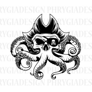 Octopus Skull In Pirate Hat Svg , Pirate Svg , Octopus Svg , Skull Svg , Nautical Svg , Tentacles Svg , Ocean Sea Monster , Kraken Svg