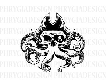 Octopus Skull In Pirate Hat Svg , Pirate Svg , Octopus Svg , Skull Svg , Nautical Svg , Tentacles Svg , Ocean Sea Monster , Kraken Svg
