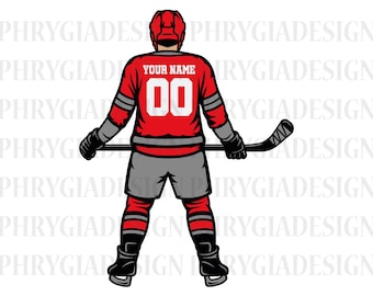 May include: A red and gray hockey player illustration, viewed from the back, holding a hockey stick. The jersey displays "YOUR NAME" and the number "00". The player wears a helmet, gloves, shorts, and skates.