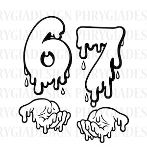 Puede incluir: Gráfico en blanco y negro con los números 6 y 7 con un efecto de goteo, junto con dos manos también con un diseño de goteo. El diseño se repite en toda la imagen.