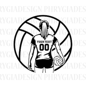 May include: Black and white silhouette of a volleyball player standing in front of a volleyball. The player is wearing a jersey with the text "YOUR TEXT" and the number "00".