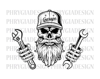 Skull Mechanic Svg Png , Skull Svg , Wrenches Svg , Tools Svg , Repair Svg , Bearded Skull Svg , Digital Download , Instant Download