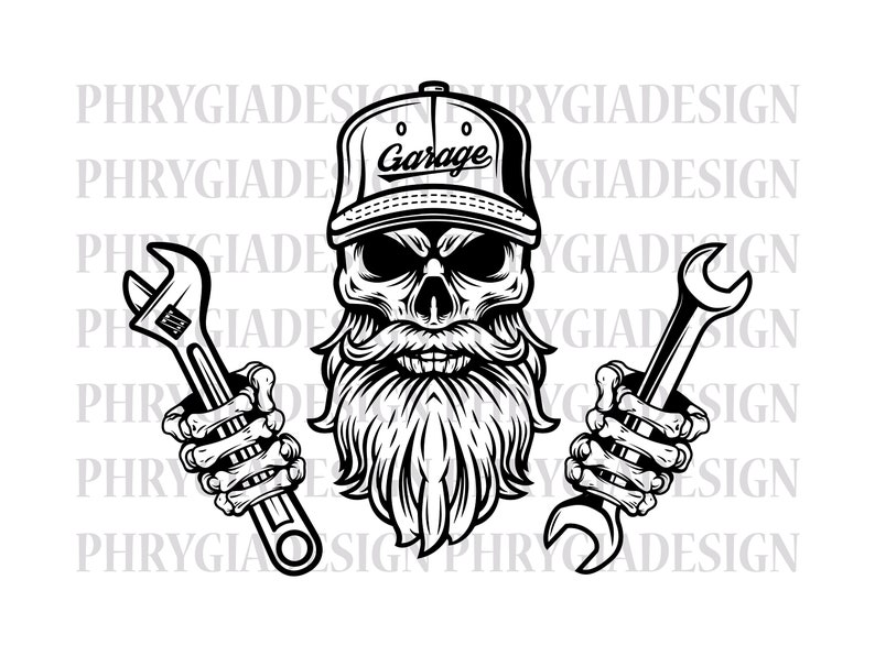 Skull Mechanic Svg Png , Skull Svg , Wrenches Svg , Tools Svg , Repair Svg , Bearded Skull Svg , Digital Download , Instant Download image 1