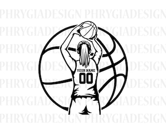 May include: Black and white graphic of a basketball player in a jersey with the text "YOUR NAME" and the number "00" on the back, holding a basketball in front of a basketball hoop.