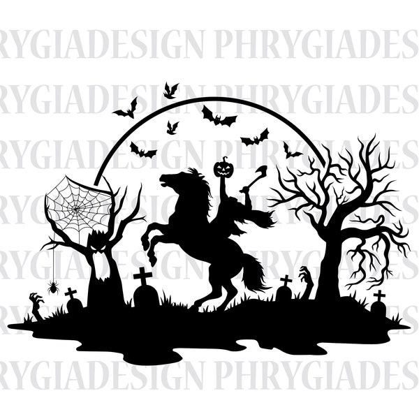 Headless Horseman Svg , Halloween Graveyard Scene Svg , Vampire Bat Svg , Halloween Svg , Halloween Png , Halloween Wall Decor