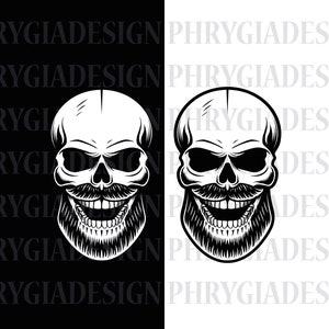 May include: Black and white illustration of a skull with a beard and moustache, smiling with teeth showing. The skull is isolated on a white background.