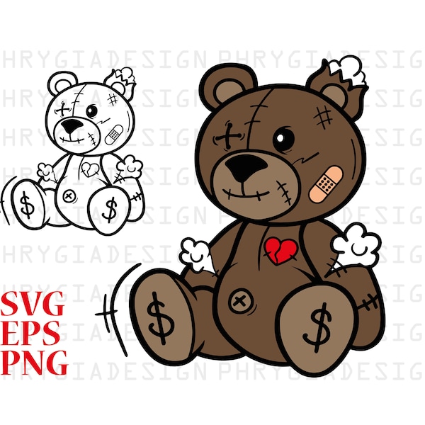 Beaten Teddy Bear Svg Eps Png , Teddy Bear Svg , Teddy Bear With Heart , Teddy Bear Clipart , Cricut Cut Files , Digital Download