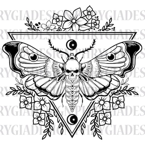 Death Head Moth Geo Floral Svg , Floral Moth Svg , Flower Moth Svg , Moon Phase Mystical Crescent Witch Gothic , Digital Download