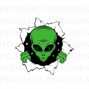 May include: A green alien with large eyes and a serious expression is peeking through a torn piece of paper. The alien's hands are gripping the edges of the paper, and there are stars in the background.