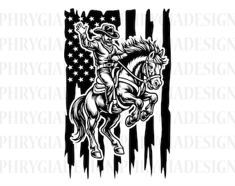 ロデオ SVG、米国ロデオ SVG、カウボーイ SVG、ロデオ カウボーイ SVG、馬に乗る西部カウボーイ、馬 SVG、馬に乗るカウボーイ
