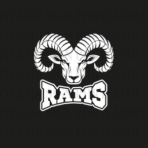 May include: A white silhouette of a ram's head with large curled horns. The word "RAMS" is written in a bold white font below the ram's head.