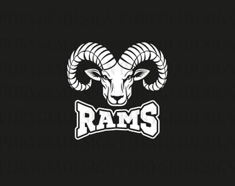 May include: A white silhouette of a ram's head with large curled horns. The word "RAMS" is written in a bold white font below the ram's head.