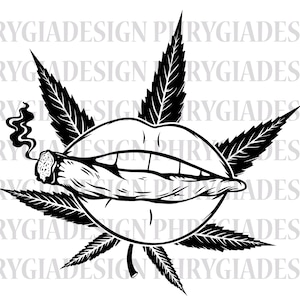 May include: Black and white graphic of lips with a lit joint, surrounded by cannabis leaves. Smoke rises from the joint. The design is a stylized illustration, suitable for apparel or accessories.