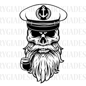May include: Black and white illustration of a skull wearing a sailor's hat with an anchor emblem. The skull has a long, bushy beard and is holding a pipe in its mouth.